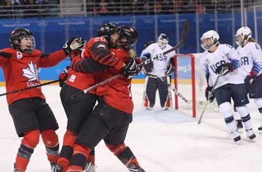 Canadian Ladies celebrate goal against the USA at Pyeongchang2018