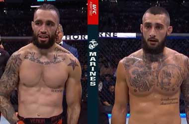 Shane Burgos and Charles Jourdain waiting for the judges decision at UFC on ABC 3