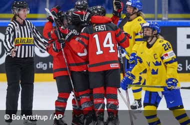 Canada celebrate beating Sweden at the quarter-finals of the 2022 IIHF women's world championship