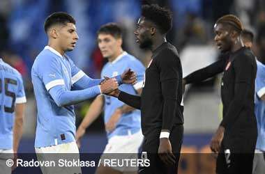 Canada's Alphonso Davies & Uruguay's Mathias Oliveira shake hands after World Cup friendly