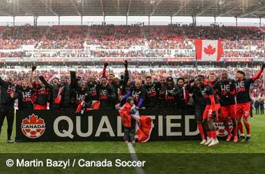 Canadian Men's National Soccer Team celebrating qualifying for Qatar 2022