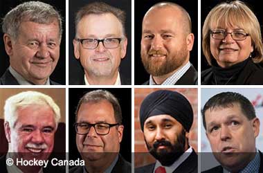 Hockey Canada Former Board Members: Goops Wooldridge, Terry Engen, Kirk Lamb, Mary Anne Veroba, John Neville, Barry Reynard, Bobby Sahni & Scott Smith