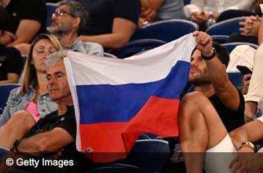 Spectator holds up Russian flag during Australian Open 2023