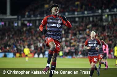 Deandre Kerr celebrates scoring the opening goal vs Columbus Crew, MLS match 2023