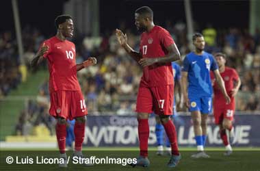 Jonathan David and Cyle Larin congratulate each other after each scoring against Curaçao in CONCACAF Nations League semifinal 2023