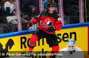 Samuel Blais celebrates after scoring against Finland at QF of WHC 2023