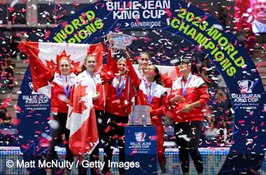 Team Canada celebrate winning the 2023 Billie Jean Cup