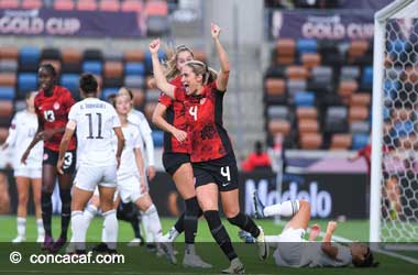 Shelina Zadorsky scores one of two goals against Costa Rica at Concacaf W Gold Cup 2024