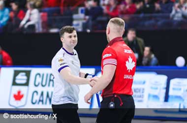 Bruce Mouat and Brad Jacobs at the 2025 BKT World Men’s Curling Championship 2025