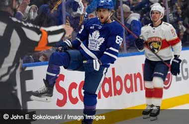 William Nylander celebrates scoring against the Florida Panthers in Game 1 of-2025 Stanley Cup playoff second round 