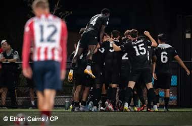 Vancouver FC celebrates Nicolas Mezquida's goal vs Ottawa Atletico during the 2025 Canadian Championship Semifinals 1st leg