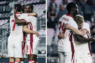 Ismaël Koné and Promise David are congratulated by teammates after scoring vs Venezuela in 2025 International Friendly