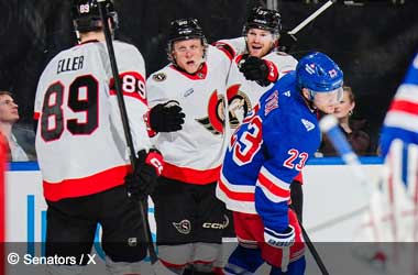 Warren Foegele celebrates with teammates in win against the New York Rangers during 2025 NHL Season