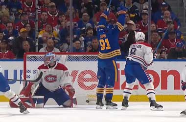 Josh Doan celebrates Bowen Byrams power-play goal in Game 1 second round NHL Playoffs 2026 against the Montréal Canadiens