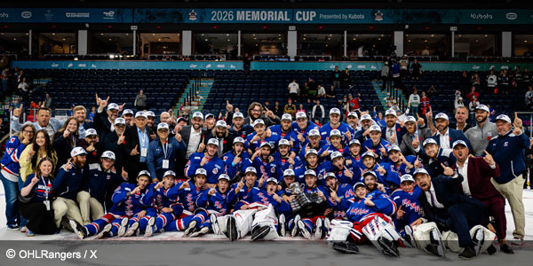 Kitchener Rangers celebrate winning the 2026 CHL Memorial Cup