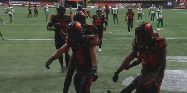 Jevon Cottoy celebrates with his teammates after scoring first touchdown against Saskatchewan Roughriders during 2026 CFL Season