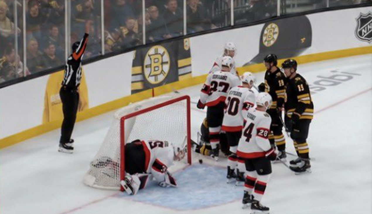Linus Ullmark gets knocked down in win against the Boston Bruins during 2026 NHL season